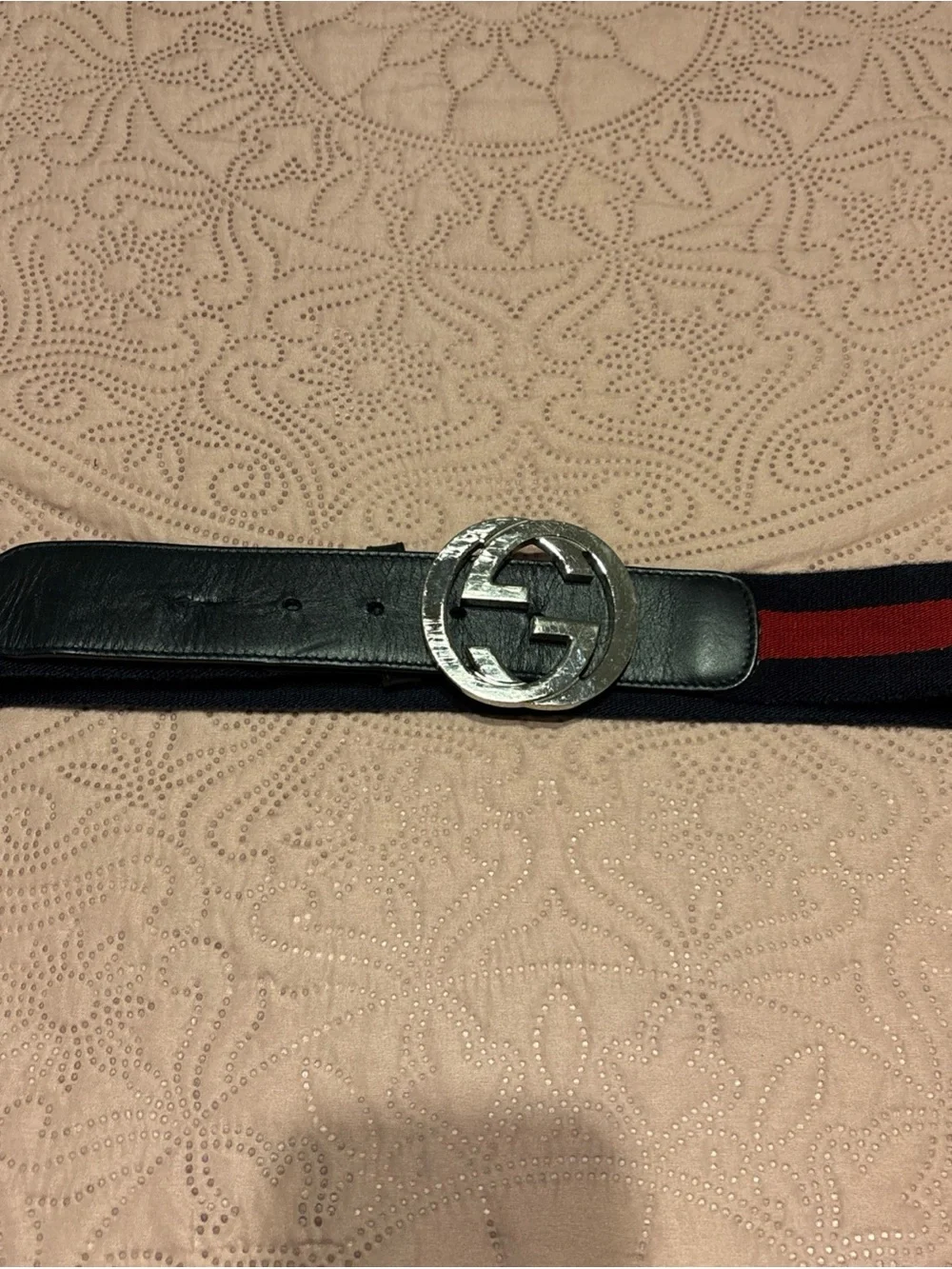 Gucci Navy and Red Web Stripe Leather Belt with Silver GG Buckle